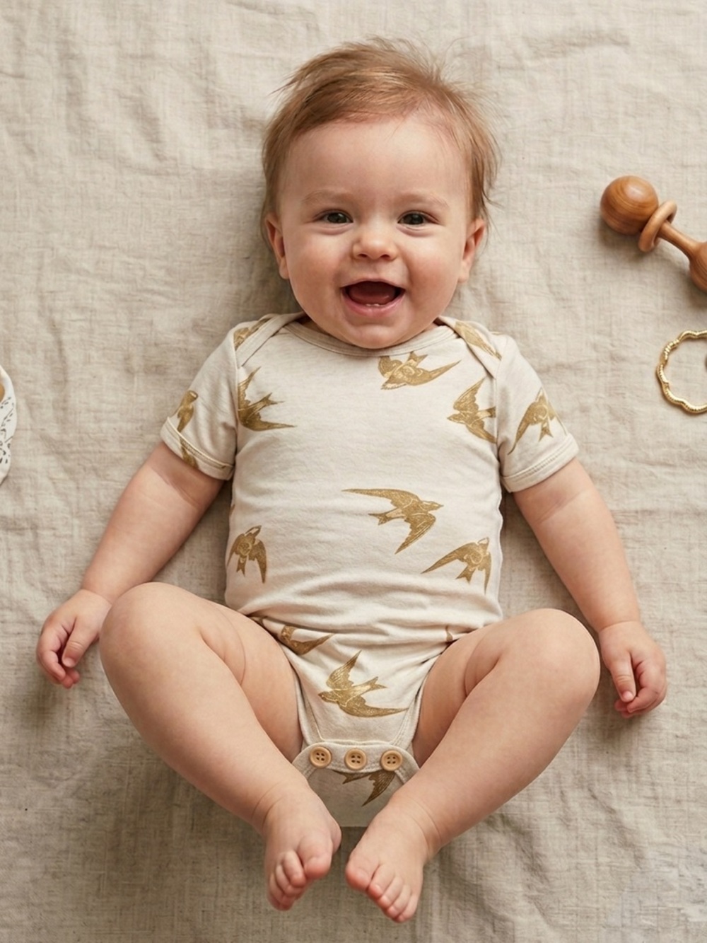 Organic Blend Golden Birds Print Short-Sleeve Bodysuit